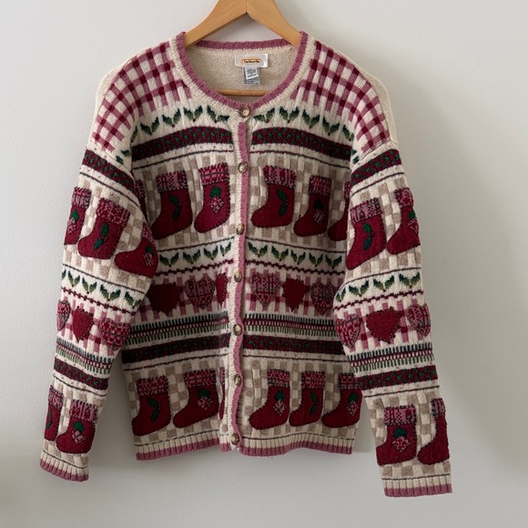 Talbots Sweaters - Talbots Christmas Stocking Hearts Mistletoe Cardigan Sweater Size‎ Large